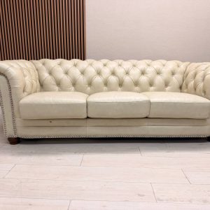Allington eggshell white top grain leather Chesterfield sofa with tufted back and pewter nail-head trim