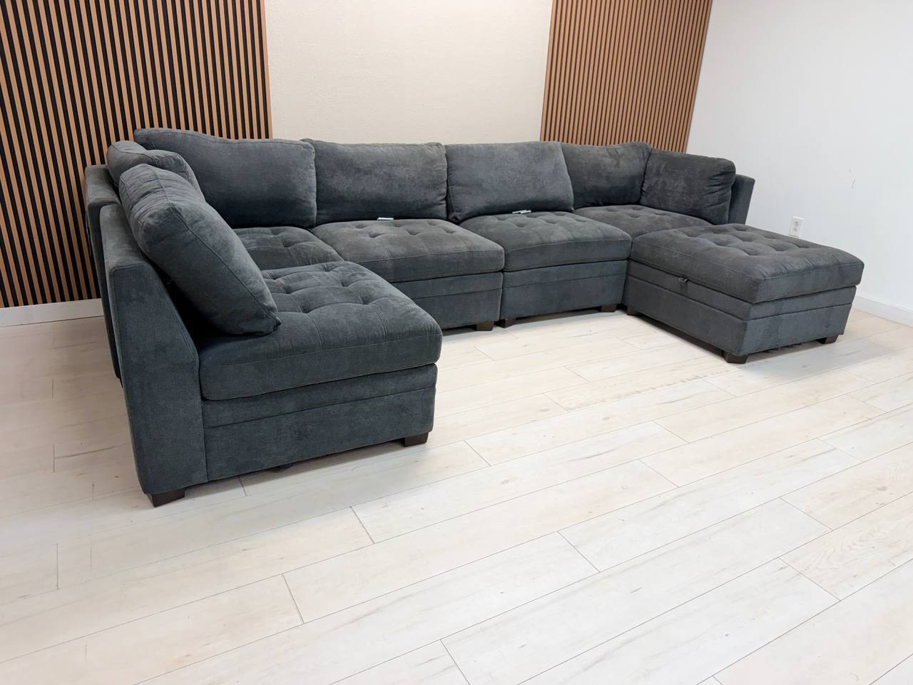 Thomasville Tisdale 6-piece modular sectional in dark gray fabric with storage ottoman - view 3
