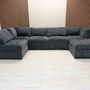 Thomasville Tisdale 6-piece modular sectional in dark gray fabric with storage ottoman