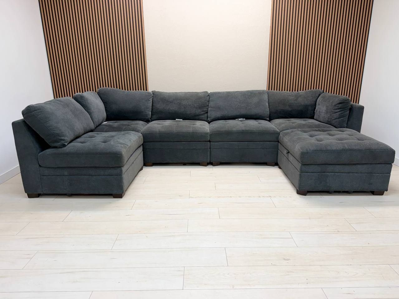 Thomasville Tisdale 6-piece modular sectional in dark gray fabric with storage ottoman