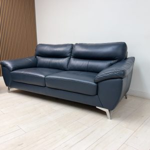 Abbyson Cadence blue top grain leather sofa with brushed nickel legs, angled view