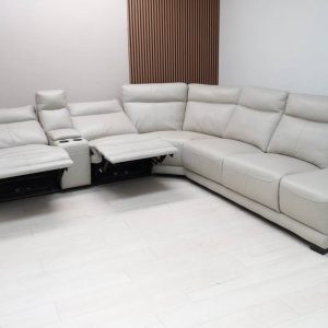 Abbyson Kimmel gray top-grain leather power reclining sectional sofa with console and power headrests