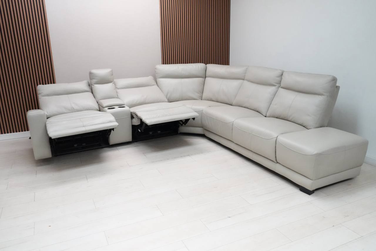Abbyson Kimmel gray top-grain leather power reclining sectional sofa with console and power headrests