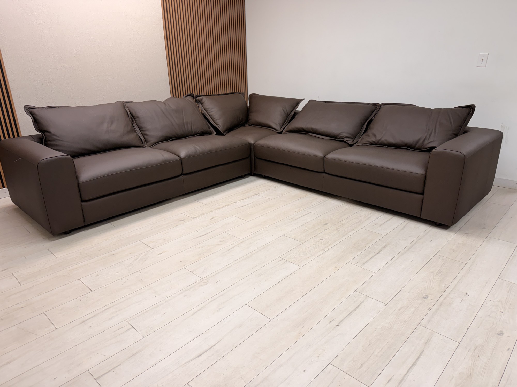 Simon Li Westbrook dark brown top grain leather L-shaped sectional sofa with track arms - view 14