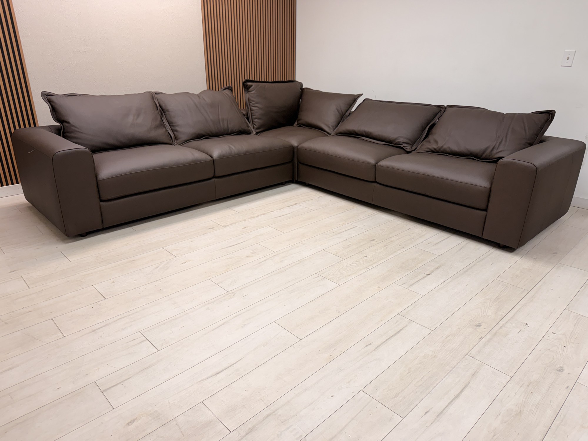 Simon Li Westbrook dark brown top grain leather L-shaped sectional sofa with track arms - view 4