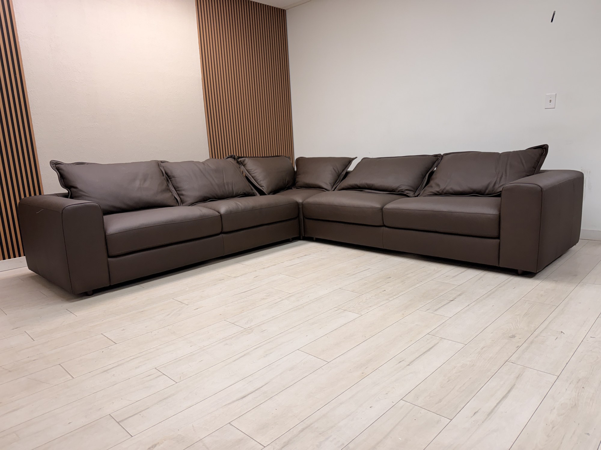 Simon Li Westbrook dark brown top grain leather L-shaped sectional sofa with track arms - view 6