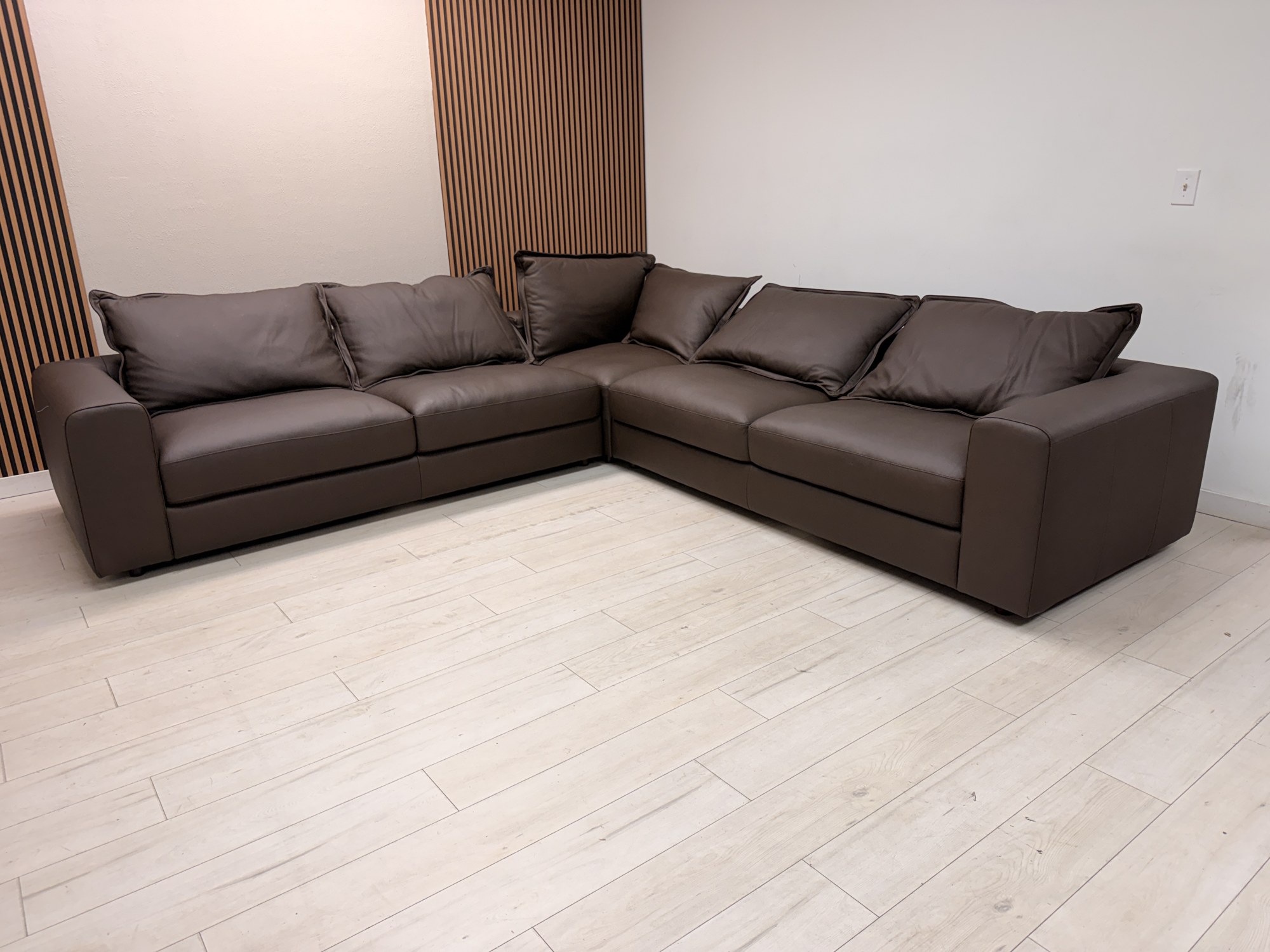 Simon Li Westbrook dark brown top grain leather L-shaped sectional sofa with track arms - view 9