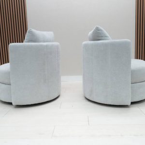 Thomasville Davos gray fabric swivel barrel chairs, set of 2, rear view showing reversible cushions