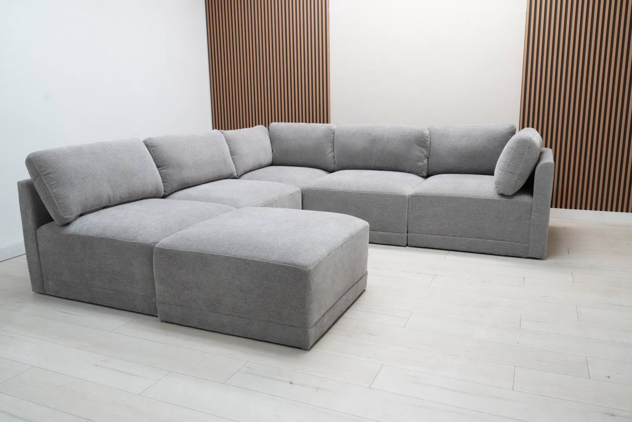 Thomasville Fallon gray fabric 6-piece modular sectional with storage ottoman