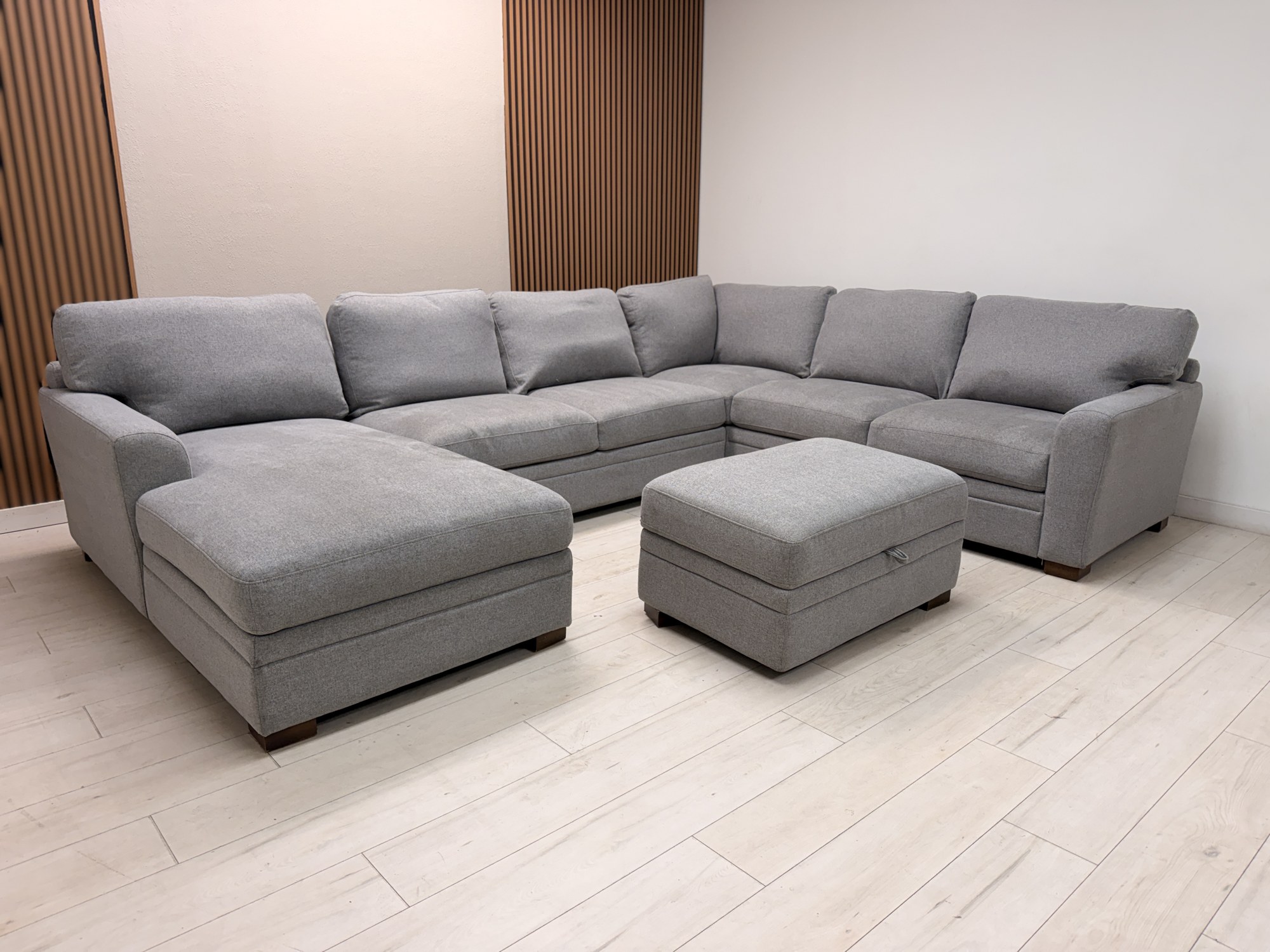 Thomasville Langdon gray fabric U-shaped sectional sofa with chaise and matching storage ottoman - view 2