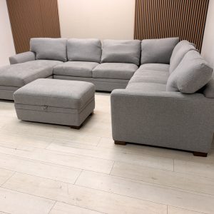 Thomasville Langdon gray fabric U-shaped sectional sofa with chaise and matching storage ottoman