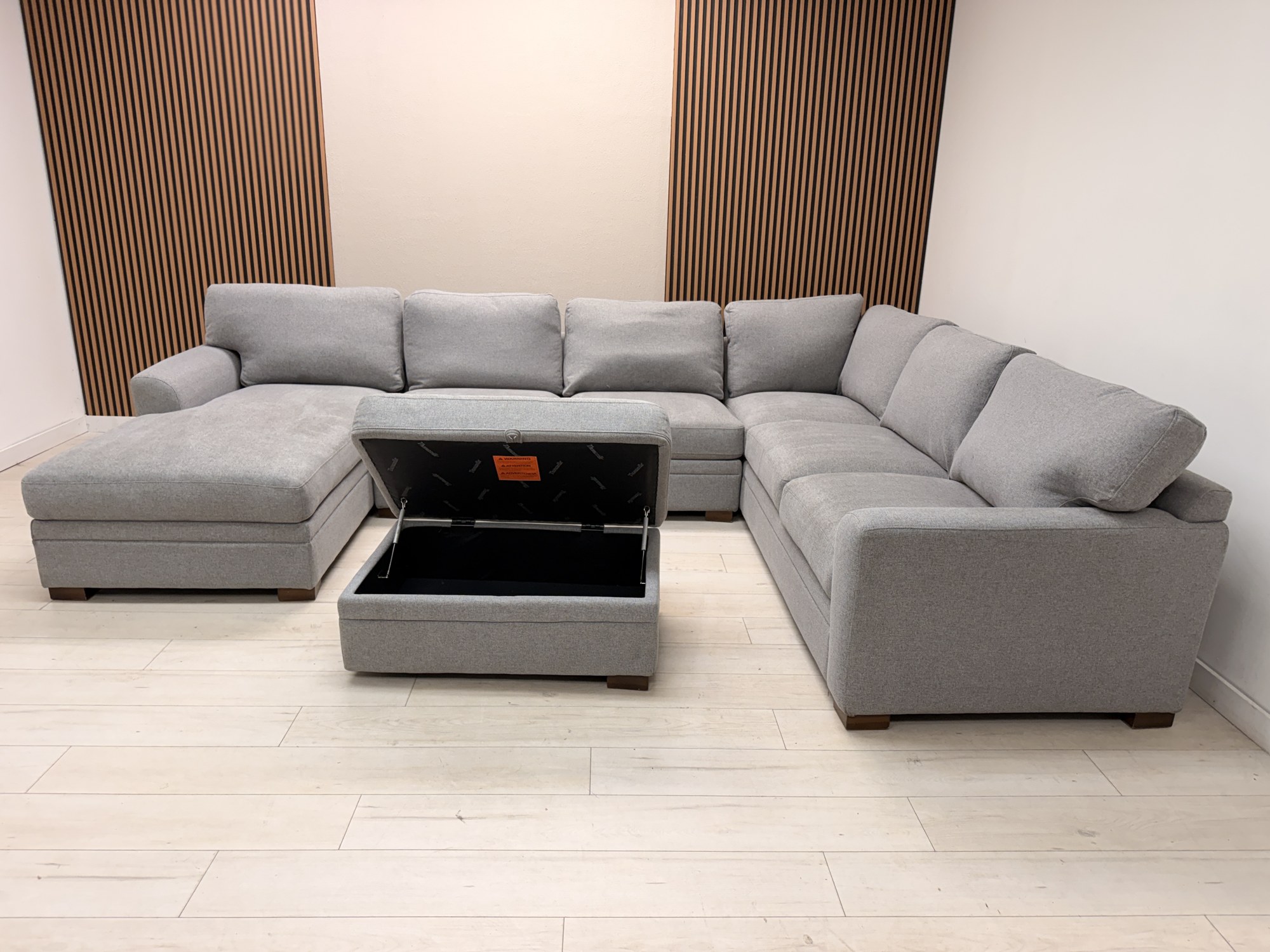 Thomasville Langdon gray fabric U-shaped sectional sofa with chaise and matching storage ottoman - view 4