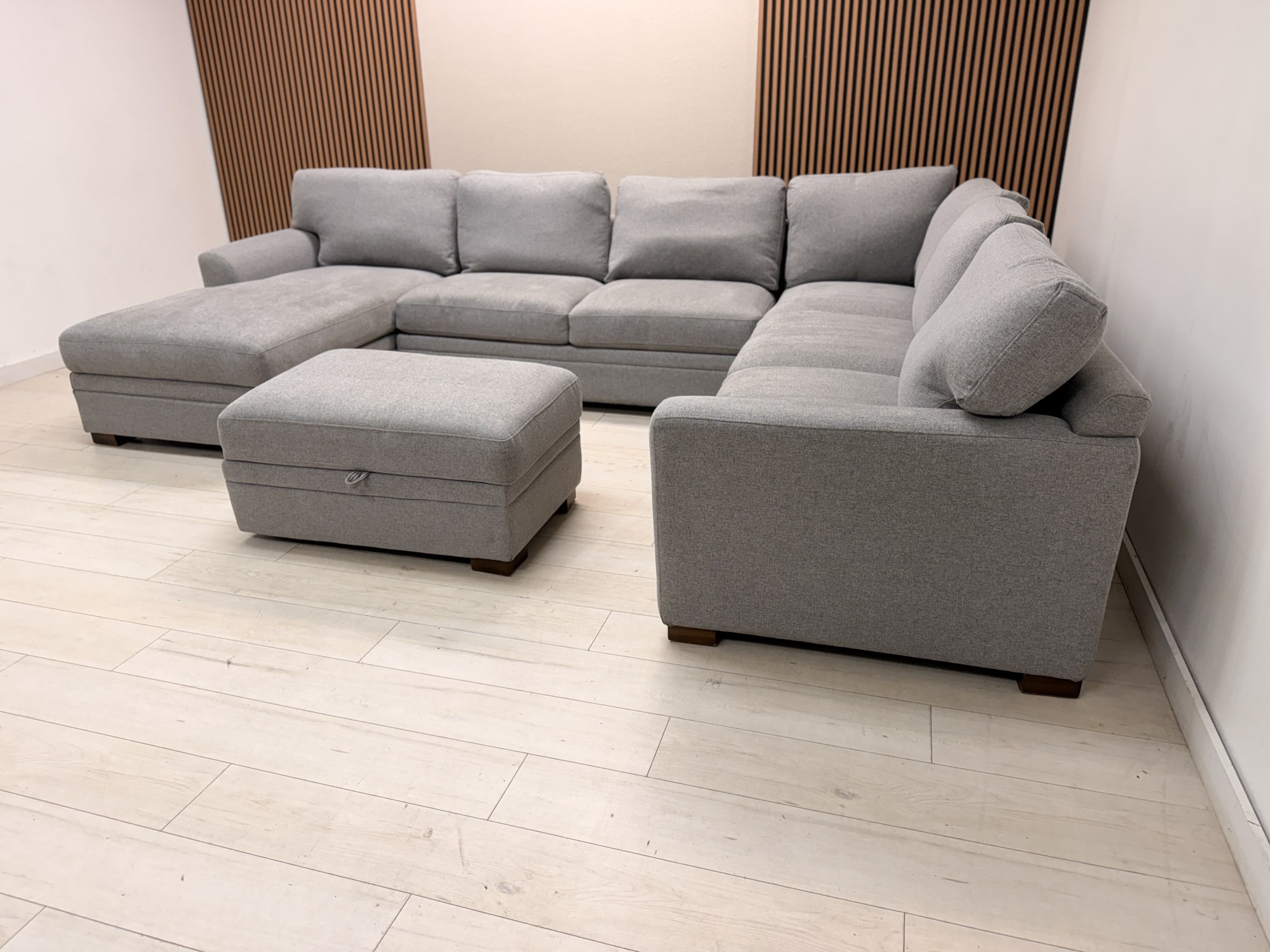 Thomasville Langdon gray fabric U-shaped sectional sofa with chaise and matching storage ottoman