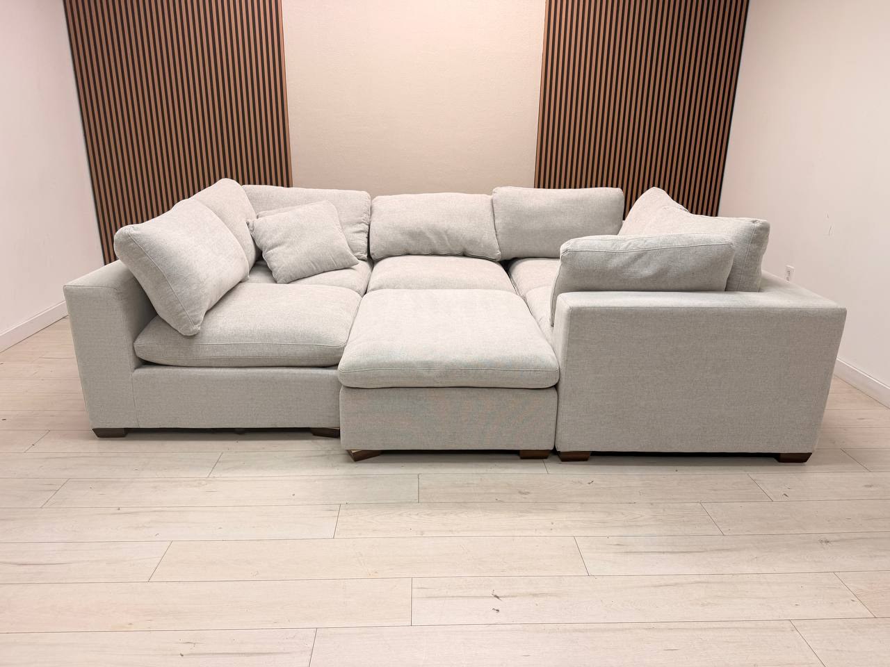 Thomasville Lowell 6-piece modular sectional in light gray polyester fabric with walnut brown wood legs - view 2