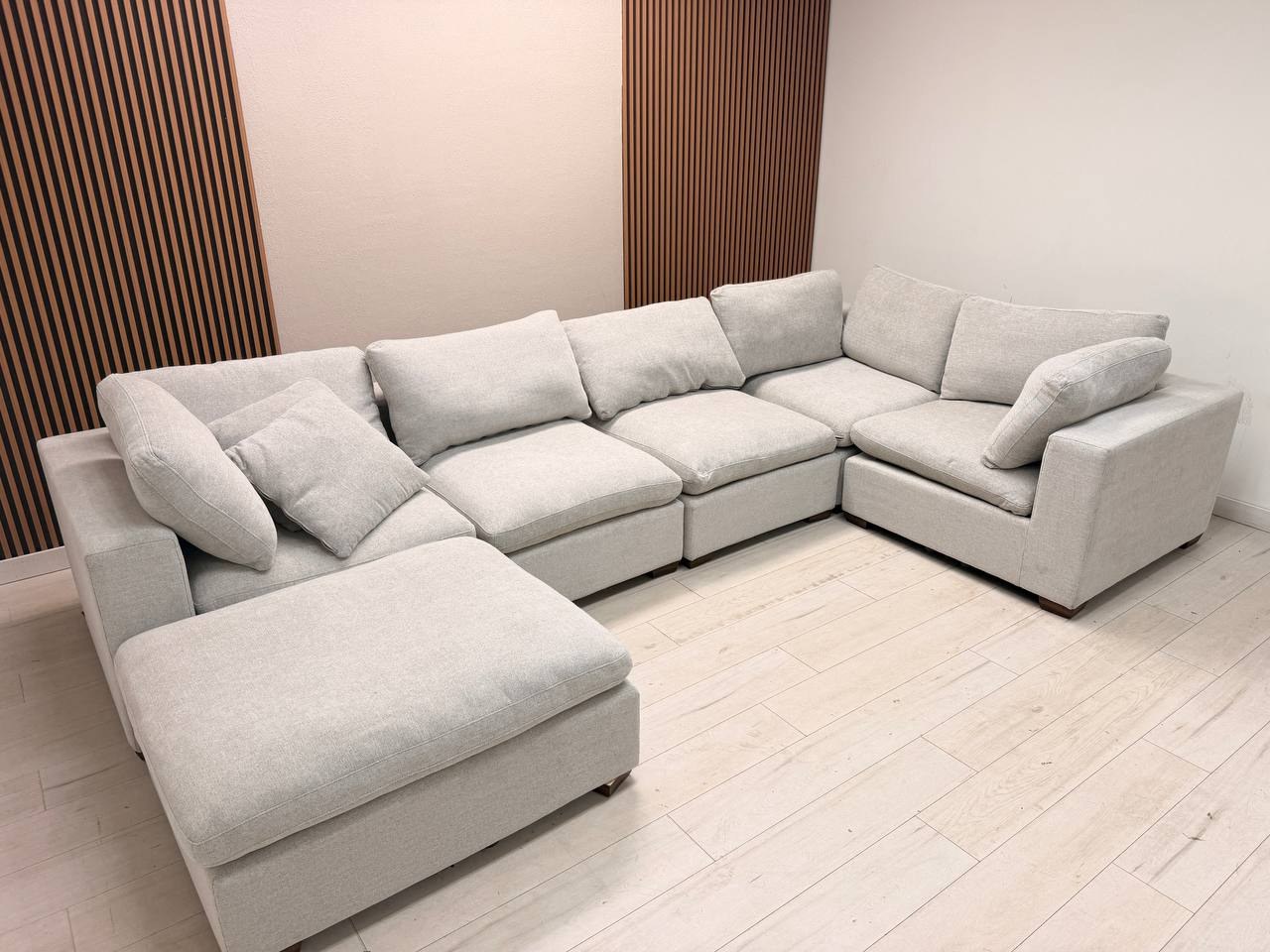 Thomasville Lowell 6-piece modular sectional in light gray polyester fabric with walnut brown wood legs - view 4