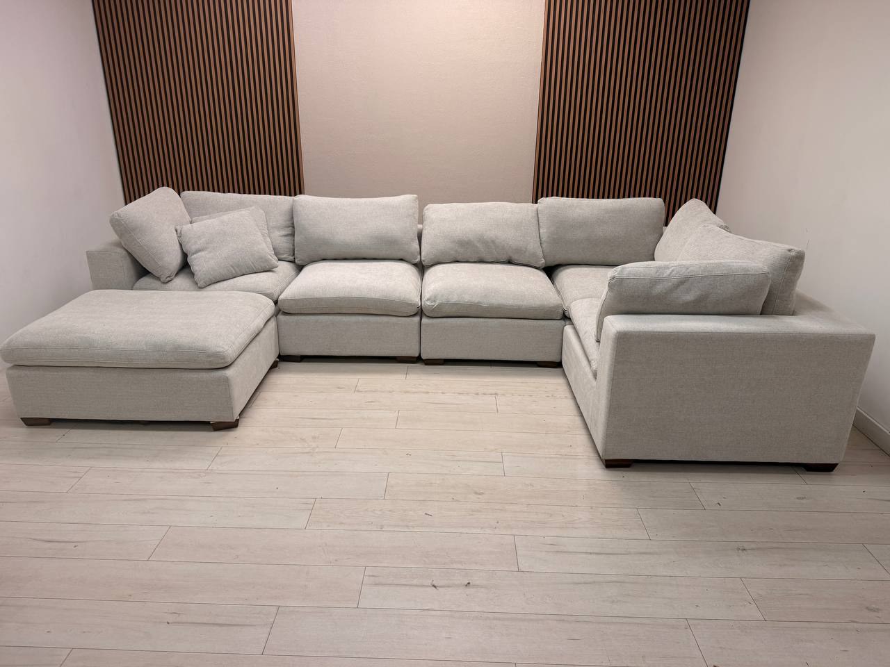 Thomasville Lowell 6-piece modular sectional in light gray polyester fabric with walnut brown wood legs - view 5