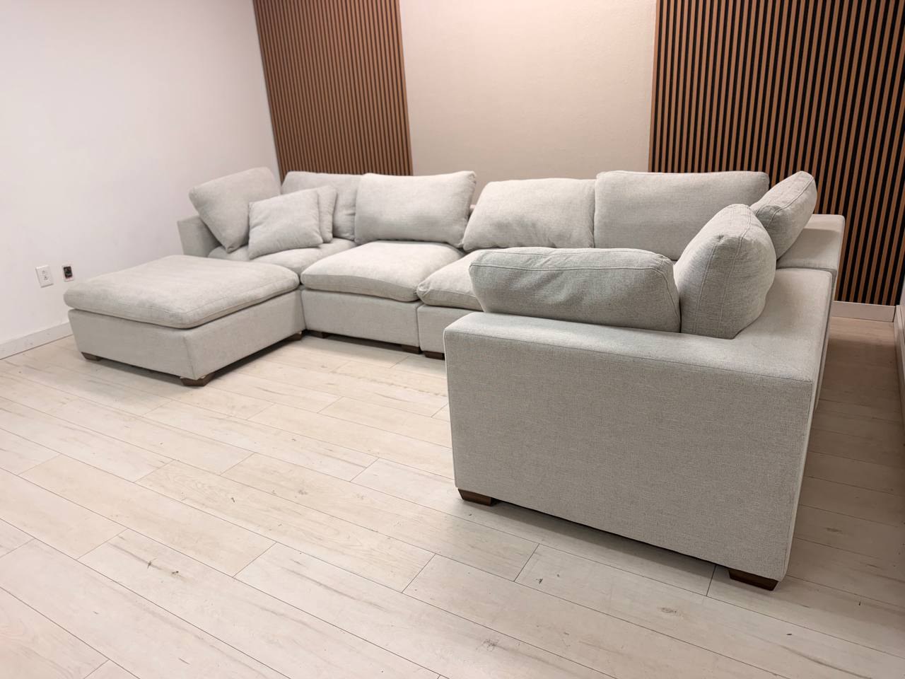 Thomasville Lowell 6-piece modular sectional in light gray polyester fabric with walnut brown wood legs - view 6