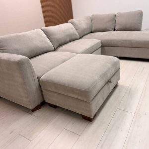 Thomasville Walsen L-shaped taupe fabric sectional sofa with storage ottoman and wood legs