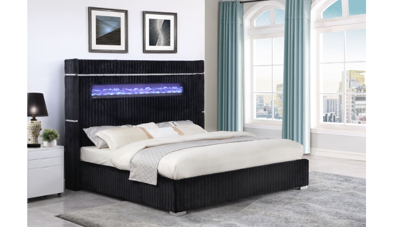 2215 Upholstered Bed with Fireplace Headboard, Black – view 1