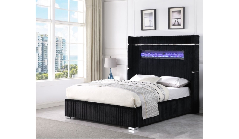 2215 Upholstered Bed with Fireplace Headboard, Black – view 2