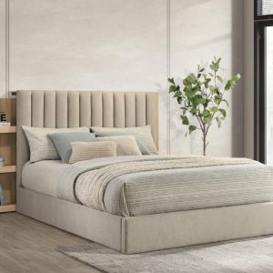 Arielle Upholstered Bookcase Bed, Light Tan and Light Oak – view 1