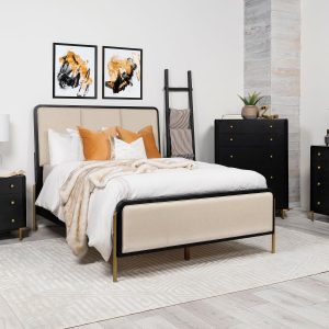 Arini Upholstered Panel Bed, Cream and Black – view 1