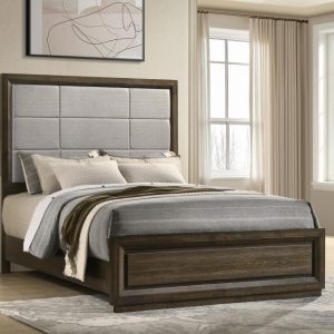 Atlas Upholstered Panel Bed, Grey and Dark Oak – view 1