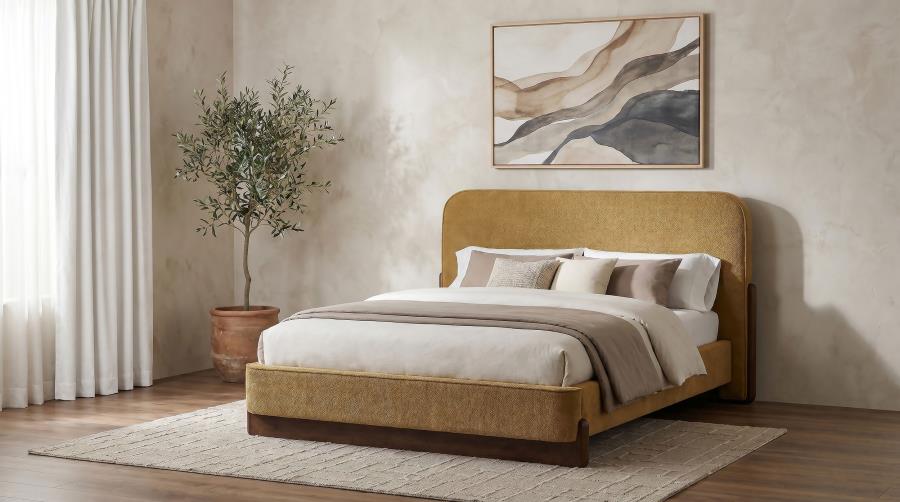 Baldacci Upholstered Platform Bed, Curry and Walnut – view 1
