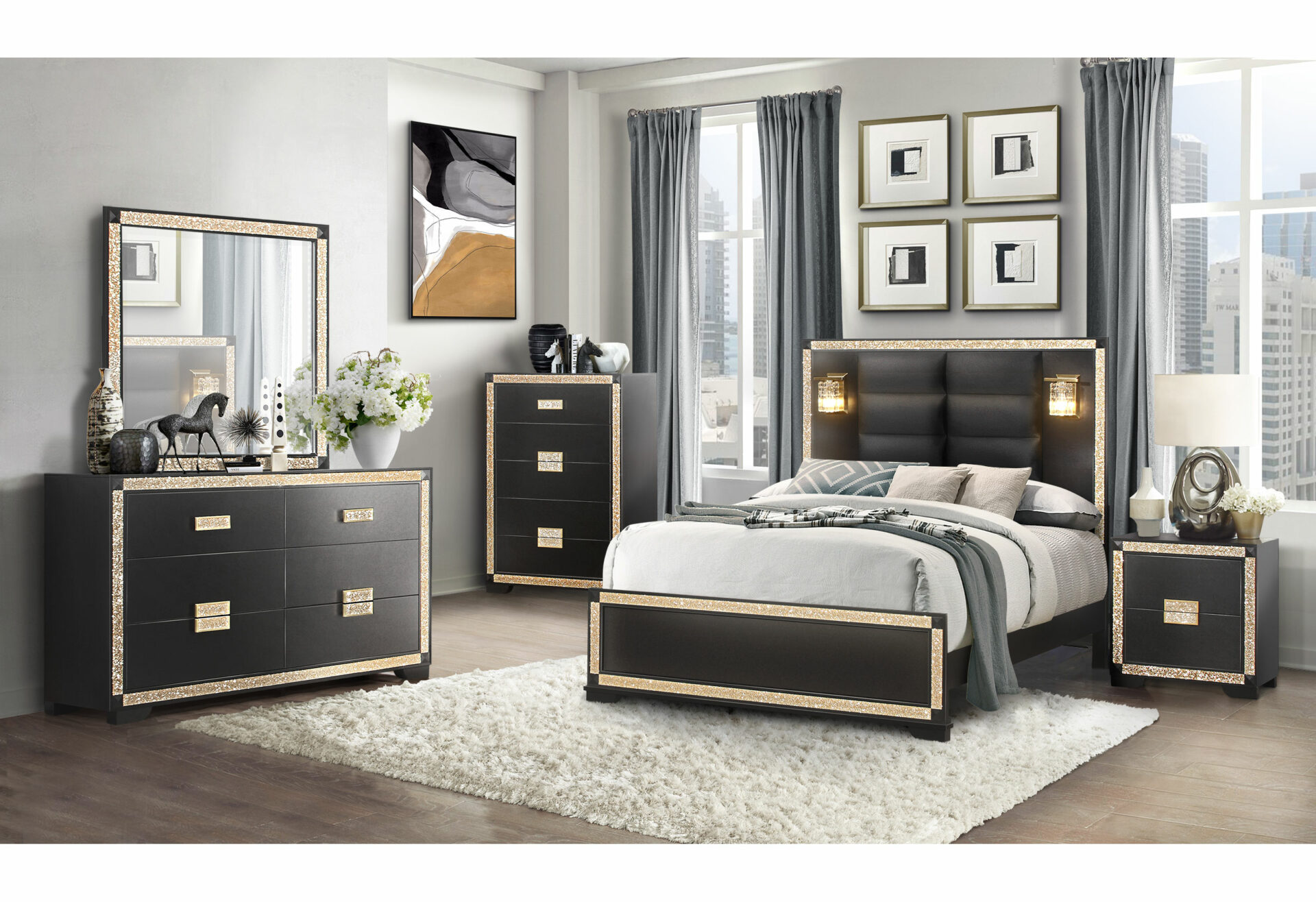 Blake Bed with Reading Lamps, Black/Gold – view 3
