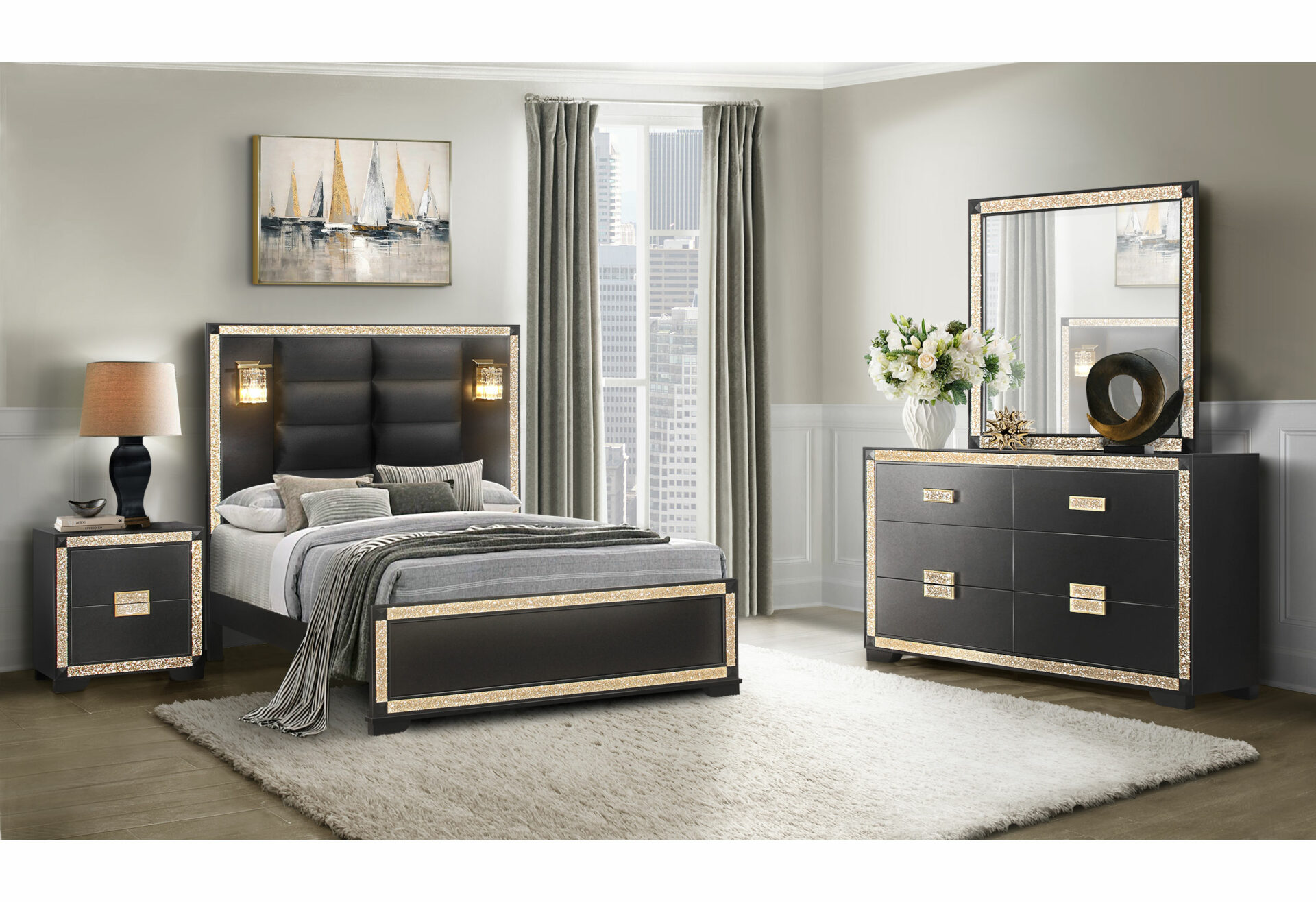 Blake Bed with Reading Lamps, Black/Gold – view 4