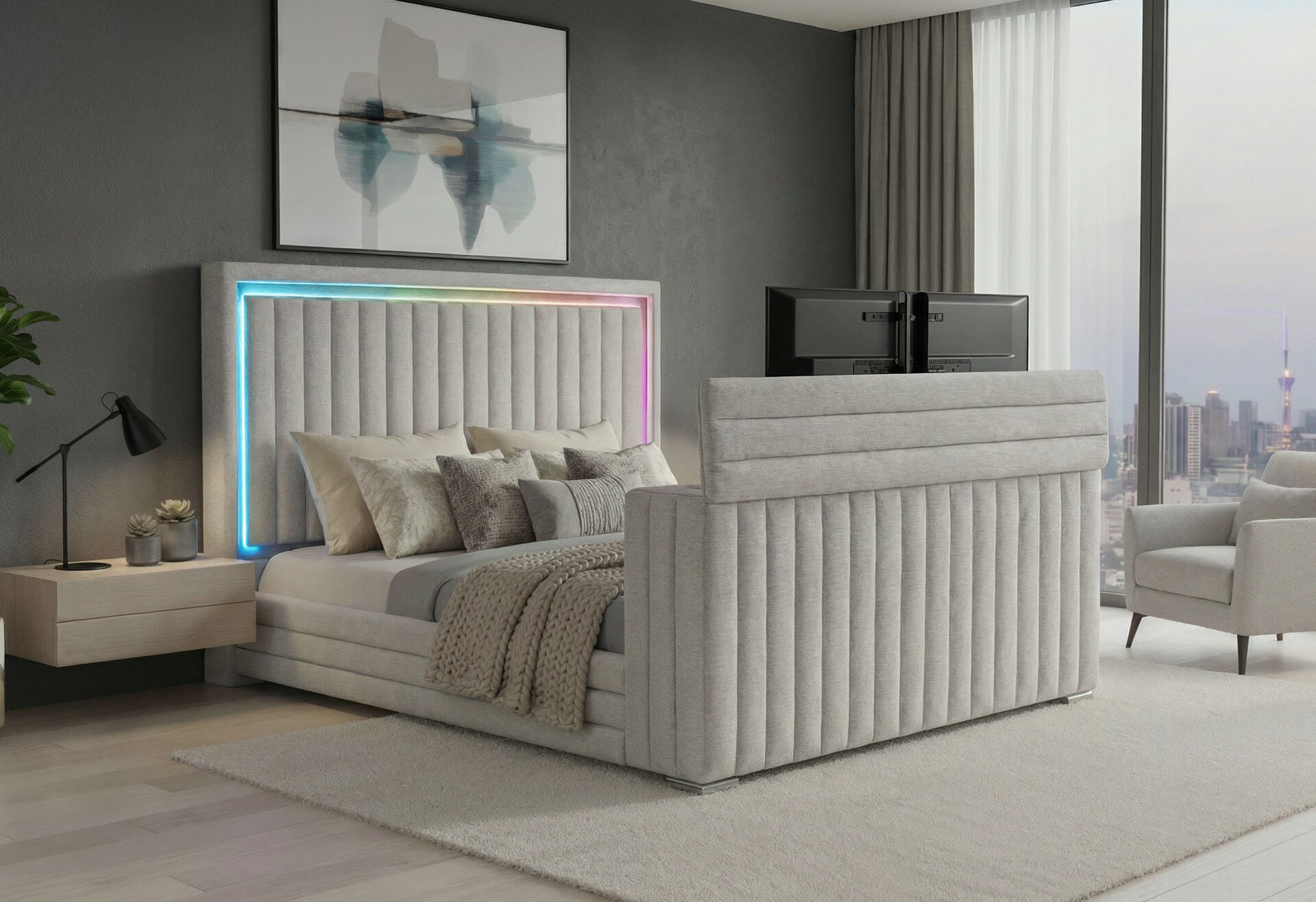 Elias Bed with Surround Sound, TV Lift and Fireplace, Grey – view 1