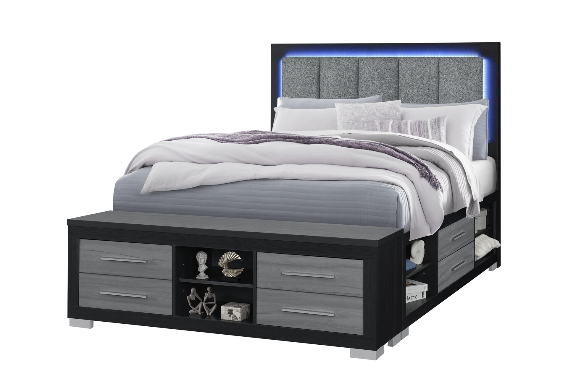 Emma Storage Bed with LED and USB, Black/Grey – view 4