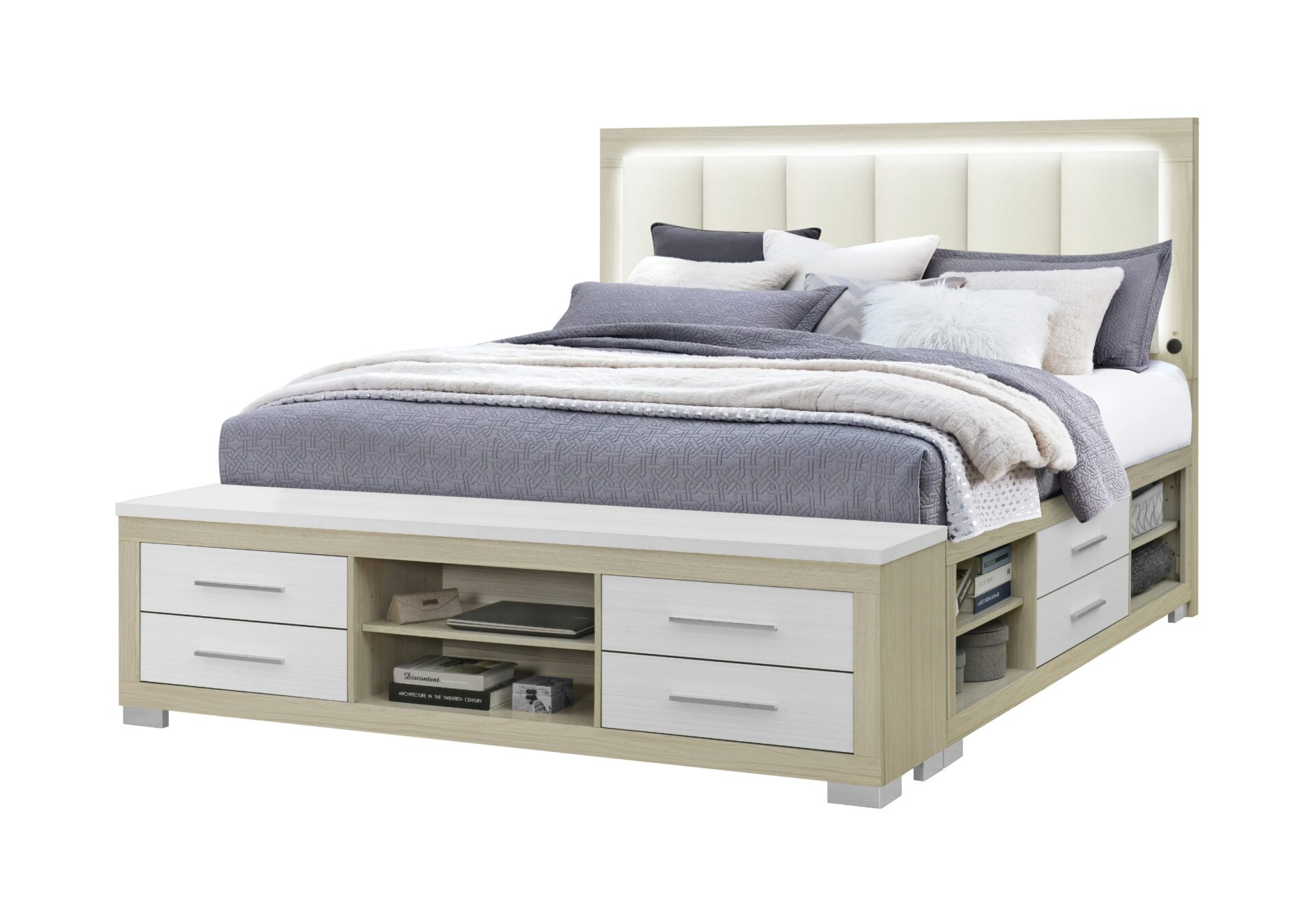 Emma Storage Bed with LED and USB, Natural/White – view 2