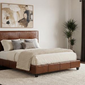 Farrell Faux Leather Panel Bed with USB, Brown – view 1