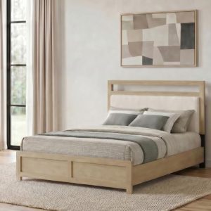 Hendricks Upholstered Platform Bed, Light Oak and Cream – view 1
