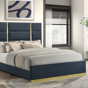 Ines Upholstered Panel Bed, Navy – view 1