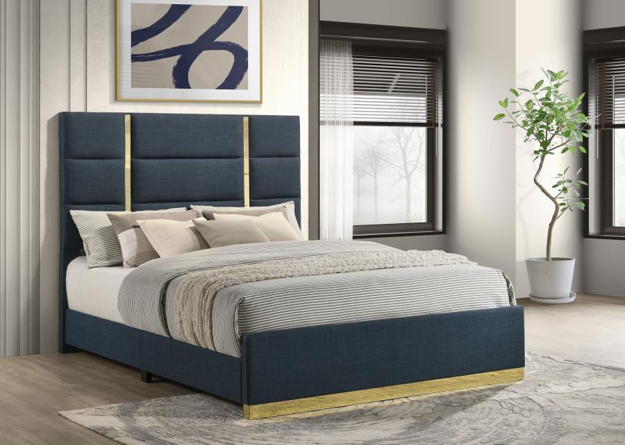 Ines Upholstered Panel Bed, Navy – view 1