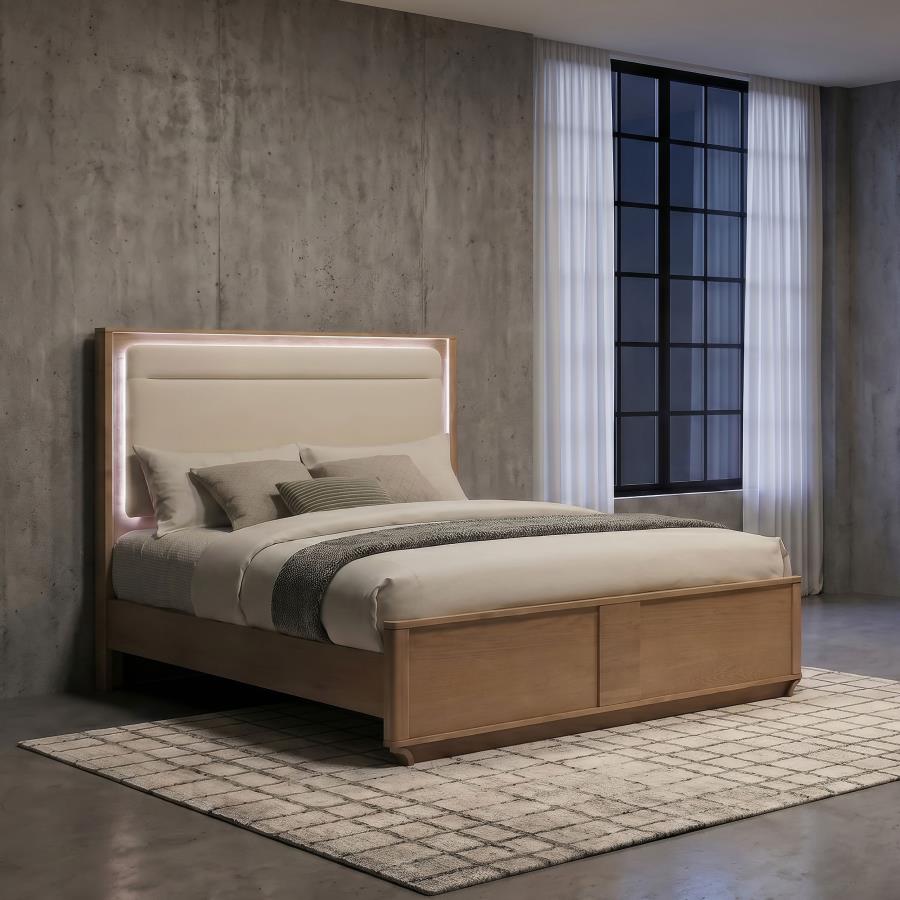 Leanne Panel Bed with LED, Off White and Light Oak – view 1