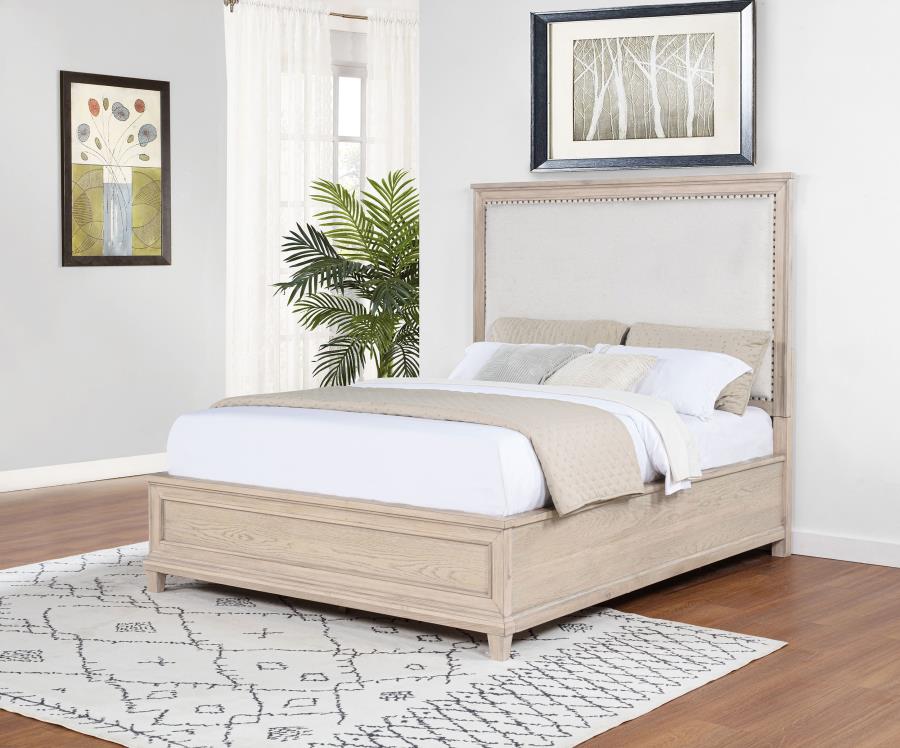 Pembroke Upholstered Panel Bed, Washed Oak – view 1