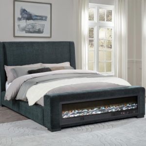 Preston Wingback Bed with Flame Light and Bluetooth Speaker, Dark Blue – view 1
