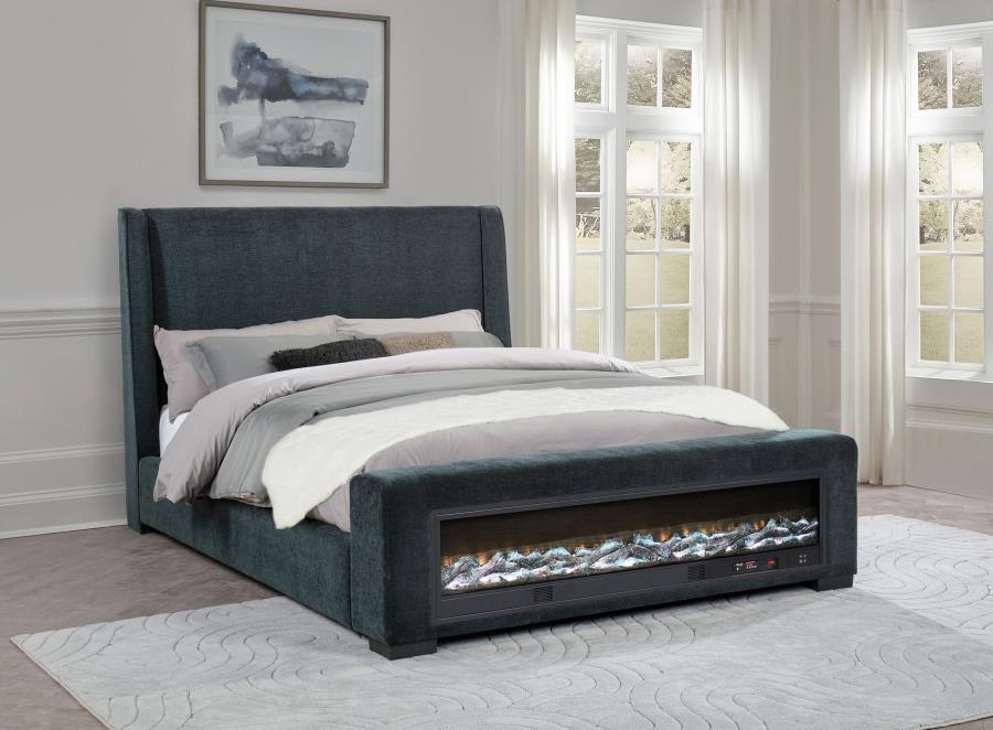 Preston Wingback Bed with Flame Light and Bluetooth Speaker, Dark Blue – view 1