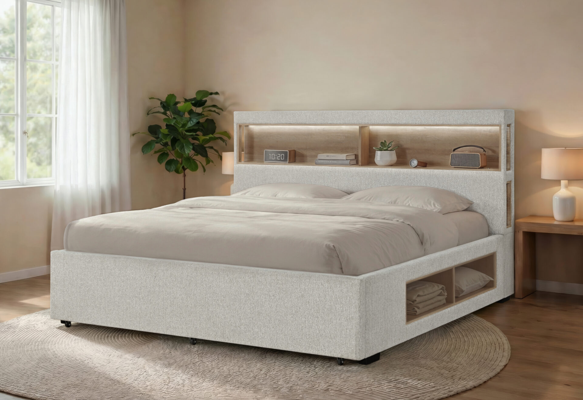 Sadie Storage Bed with USB and LED, Beige – view 1