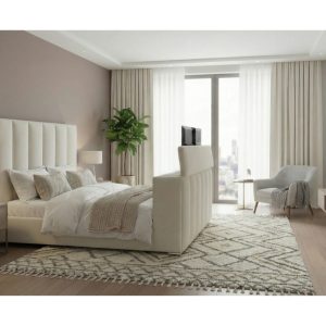 Serenity Bed with Speaker, TV Lift and Fireplace, Cream – view 1