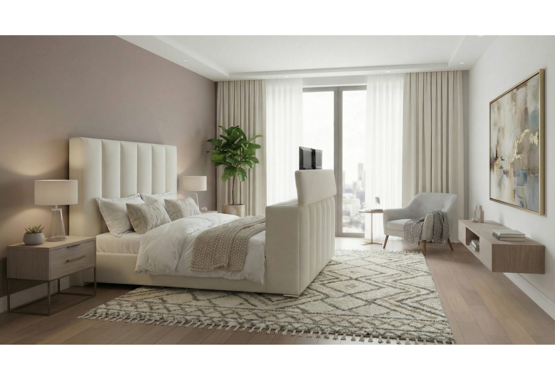 Serenity Bed with Speaker, TV Lift and Fireplace, Cream – view 1