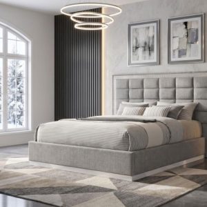 Viana Chenille Platform Bed, Grey and White High Gloss – view 1